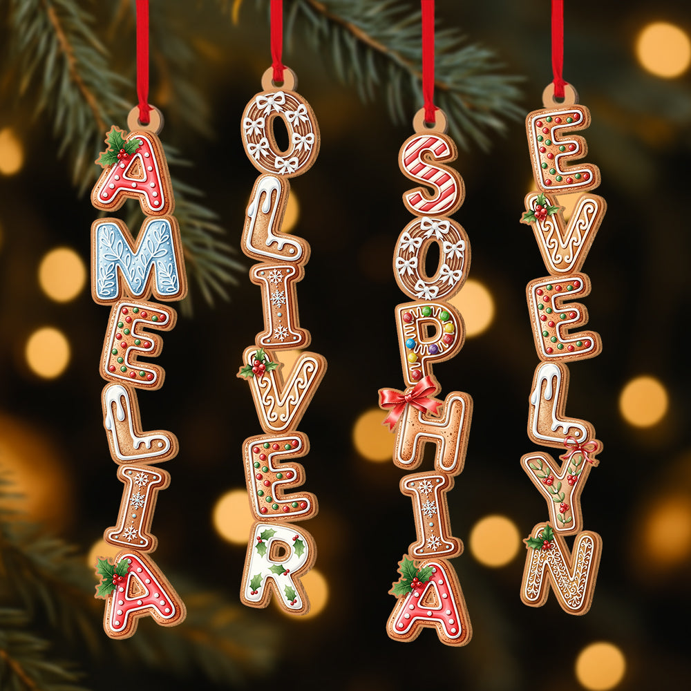 Custom Gingerbread Alphabet Ornament, Kids Name Ornament, Christmas Tag for Stockings, Personalized Family Wood Ornament Hv01