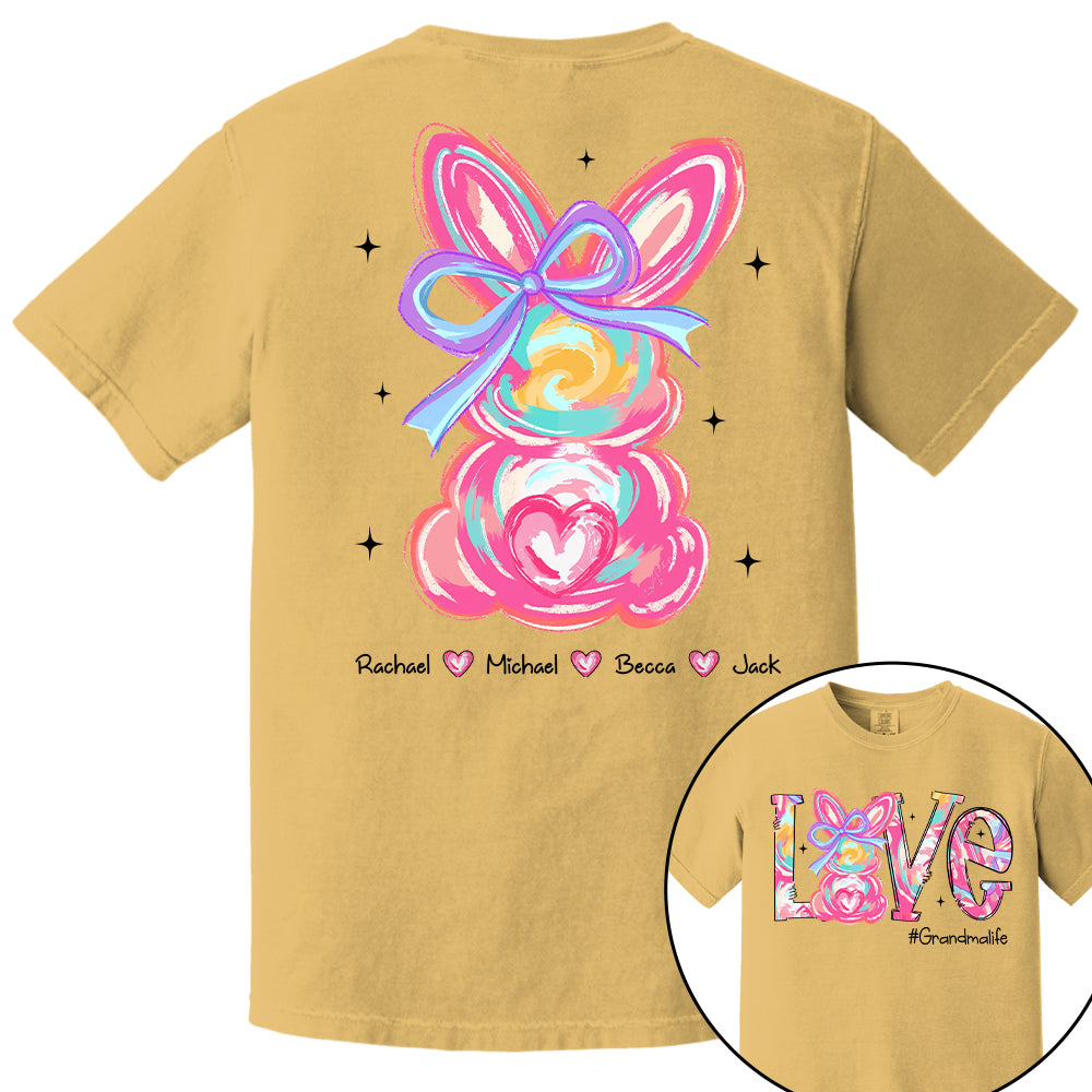 Custom Easter Brushstroke Pink Bunny Bow T-Shirt, Personalized Gift For Grandma & Kids Tu20