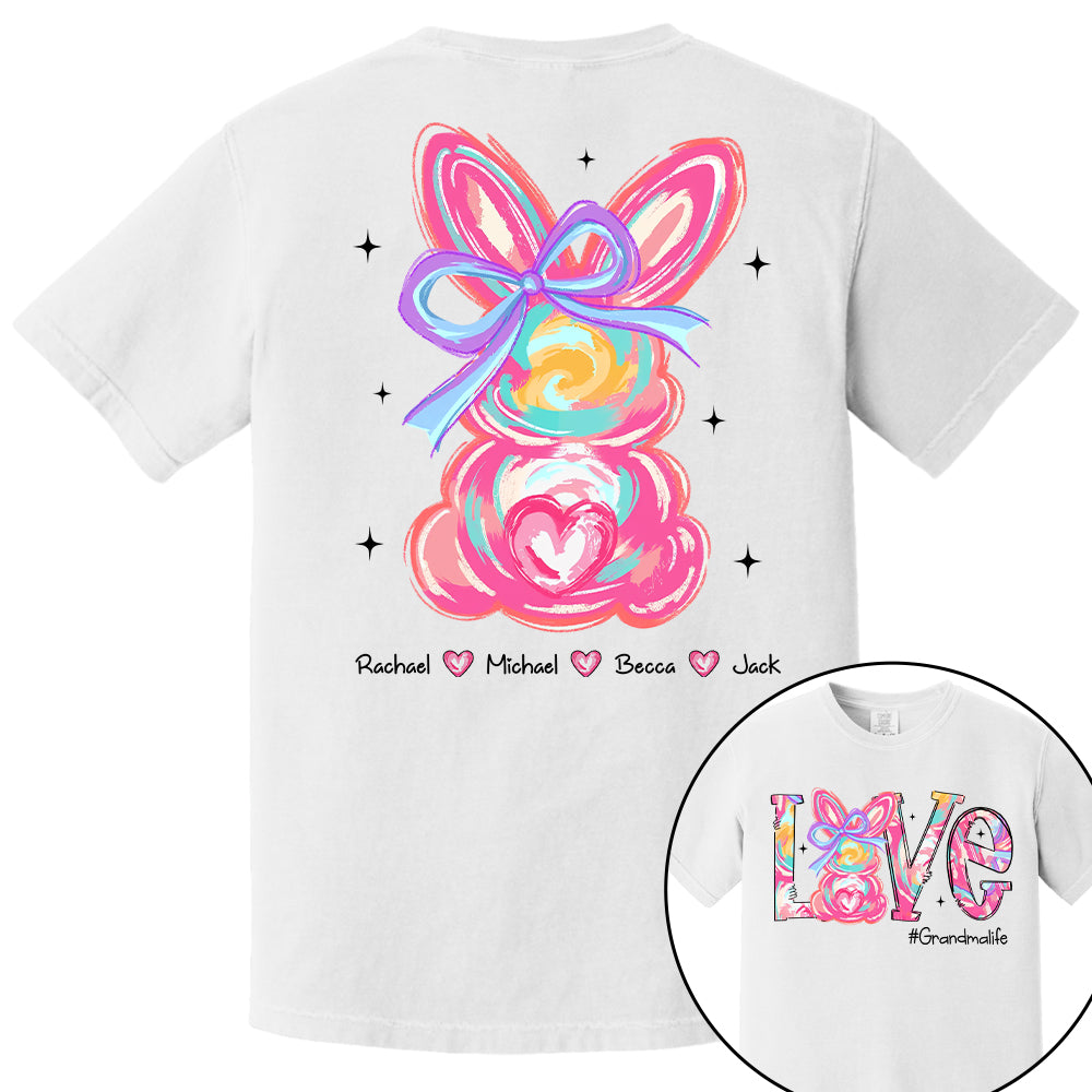 Custom Easter Brushstroke Pink Bunny Bow T-Shirt, Personalized Gift For Grandma & Kids Tu20
