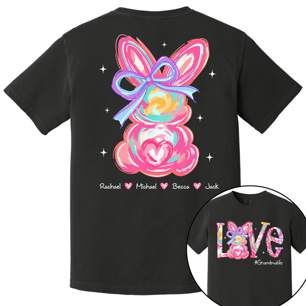 Custom Easter Brushstroke Pink Bunny Bow T-Shirt, Personalized Gift For Grandma & Kids Tu20