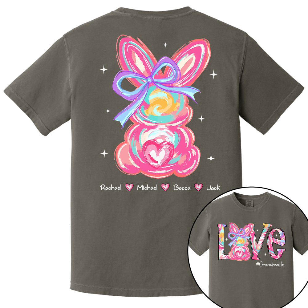 Custom Easter Brushstroke Pink Bunny Bow T-Shirt, Personalized Gift For Grandma & Kids Tu20