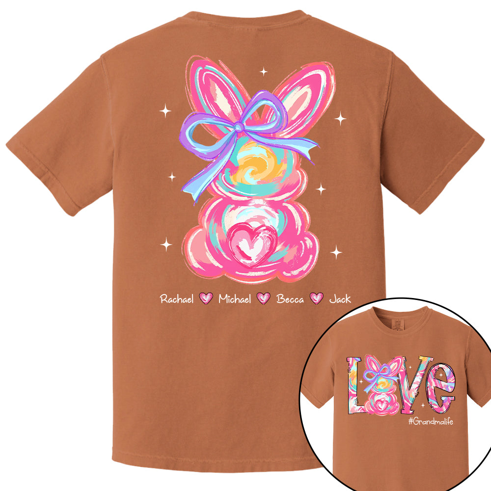Custom Easter Brushstroke Pink Bunny Bow T-Shirt, Personalized Gift For Grandma & Kids Tu20