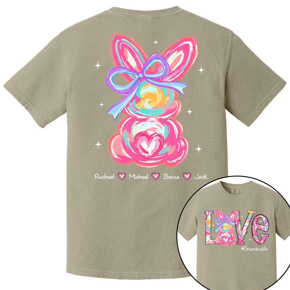 Custom Easter Brushstroke Pink Bunny Bow T-Shirt, Personalized Gift For Grandma & Kids Tu20