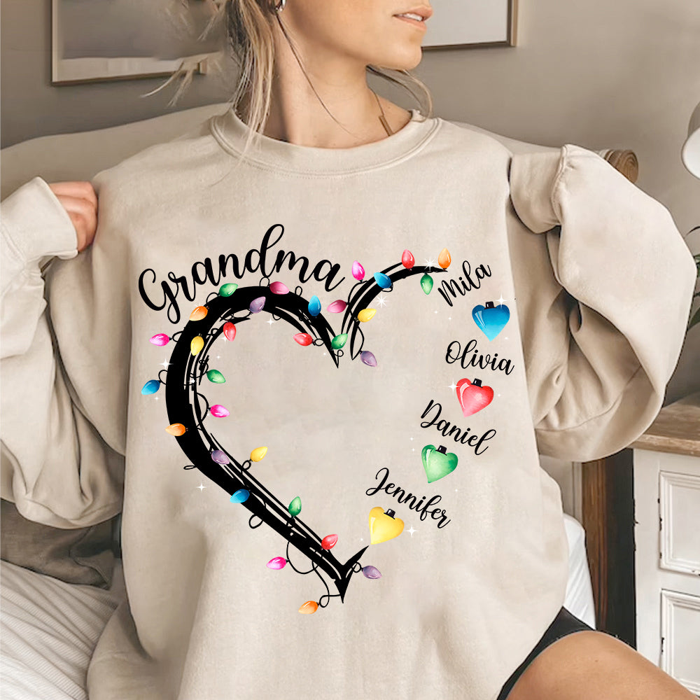 Grandma And Grandkids Christmas Light Personalized Shirts, Nickname And Names Can Be Changed Tu20