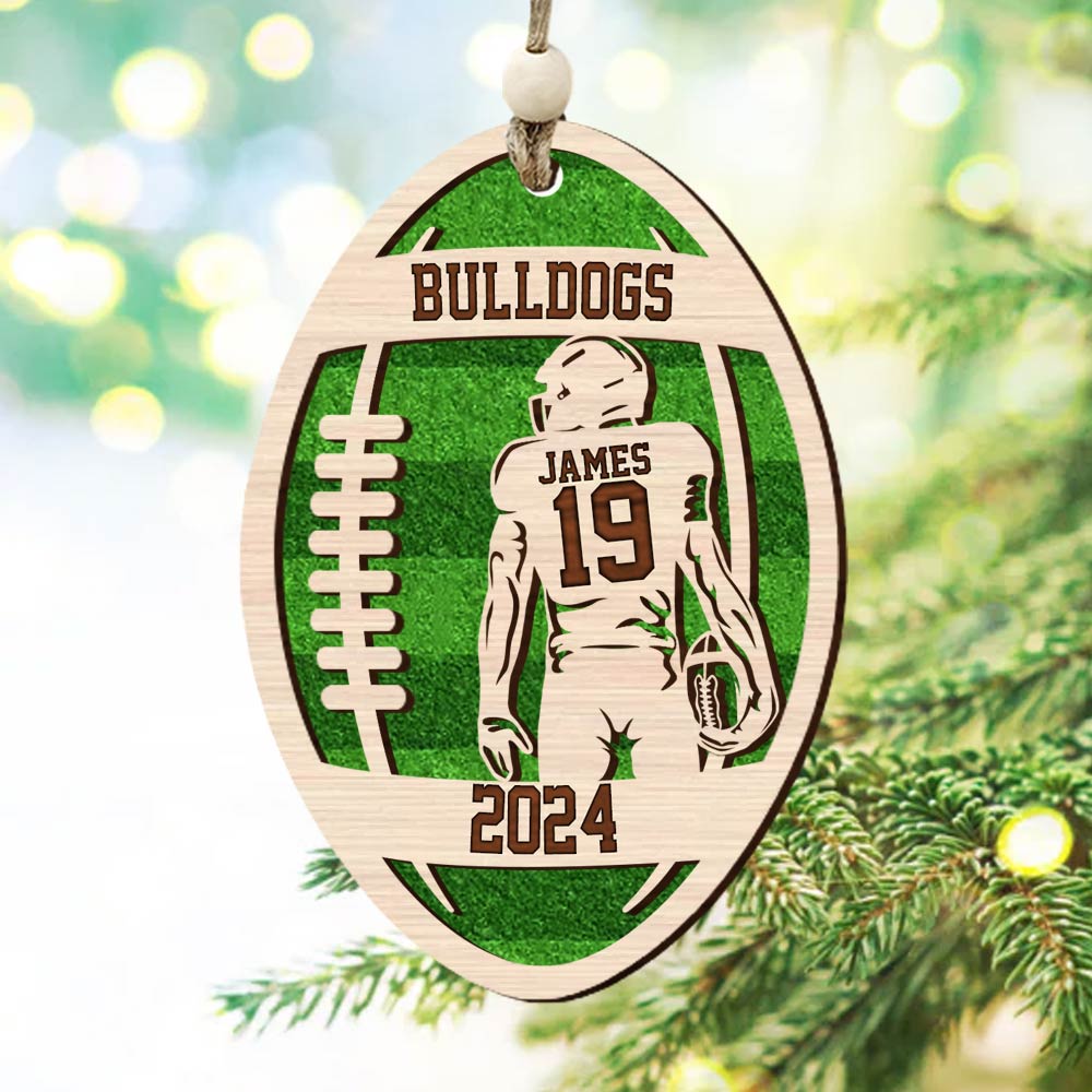 Personalized 3D Football Ornament, Layered and Engraved Wooden Sports Ornament HH0511 Tm01