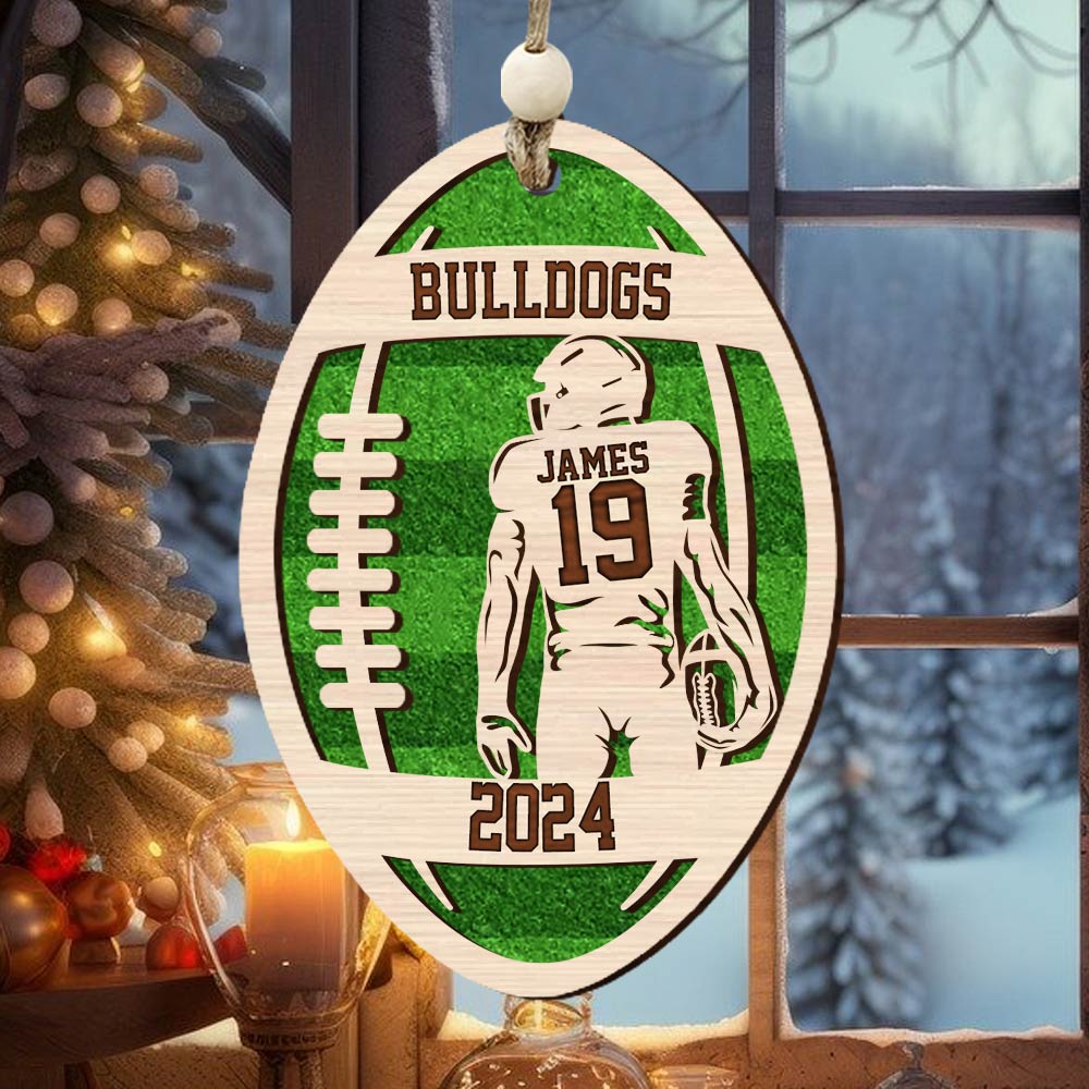 Personalized 3D Football Ornament, Layered and Engraved Wooden Sports Ornament HH0511 Tm01