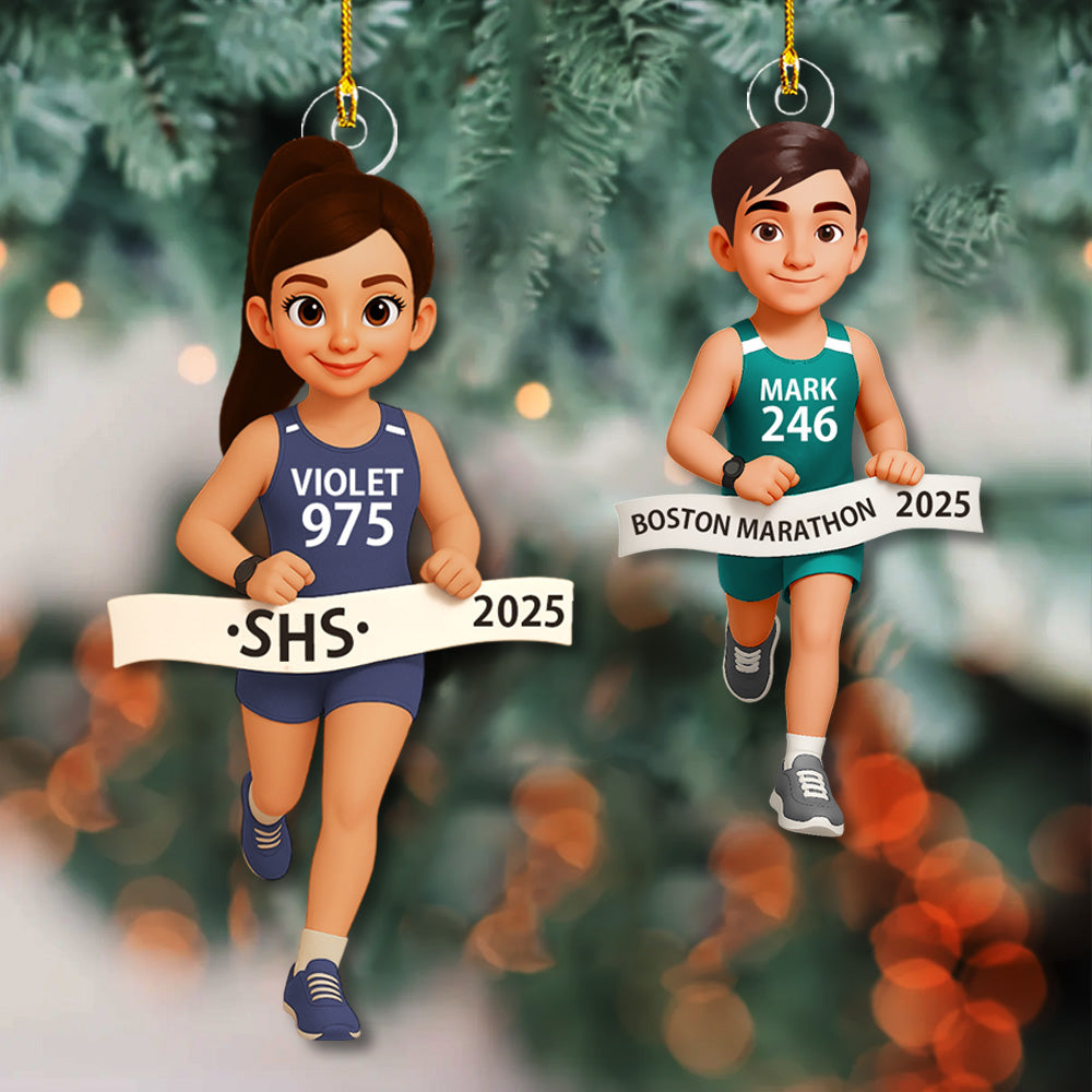 3D Effect Marathon Runner Ornament – Personalized Track Runner Ornament: Girl & Boy Marathon Keepsake Na02 Pt99