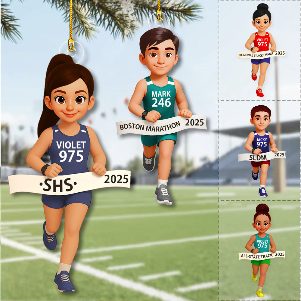 3D Effect Marathon Runner Ornament – Personalized Track Runner Ornament: Girl & Boy Marathon Keepsake Na02 Pt99