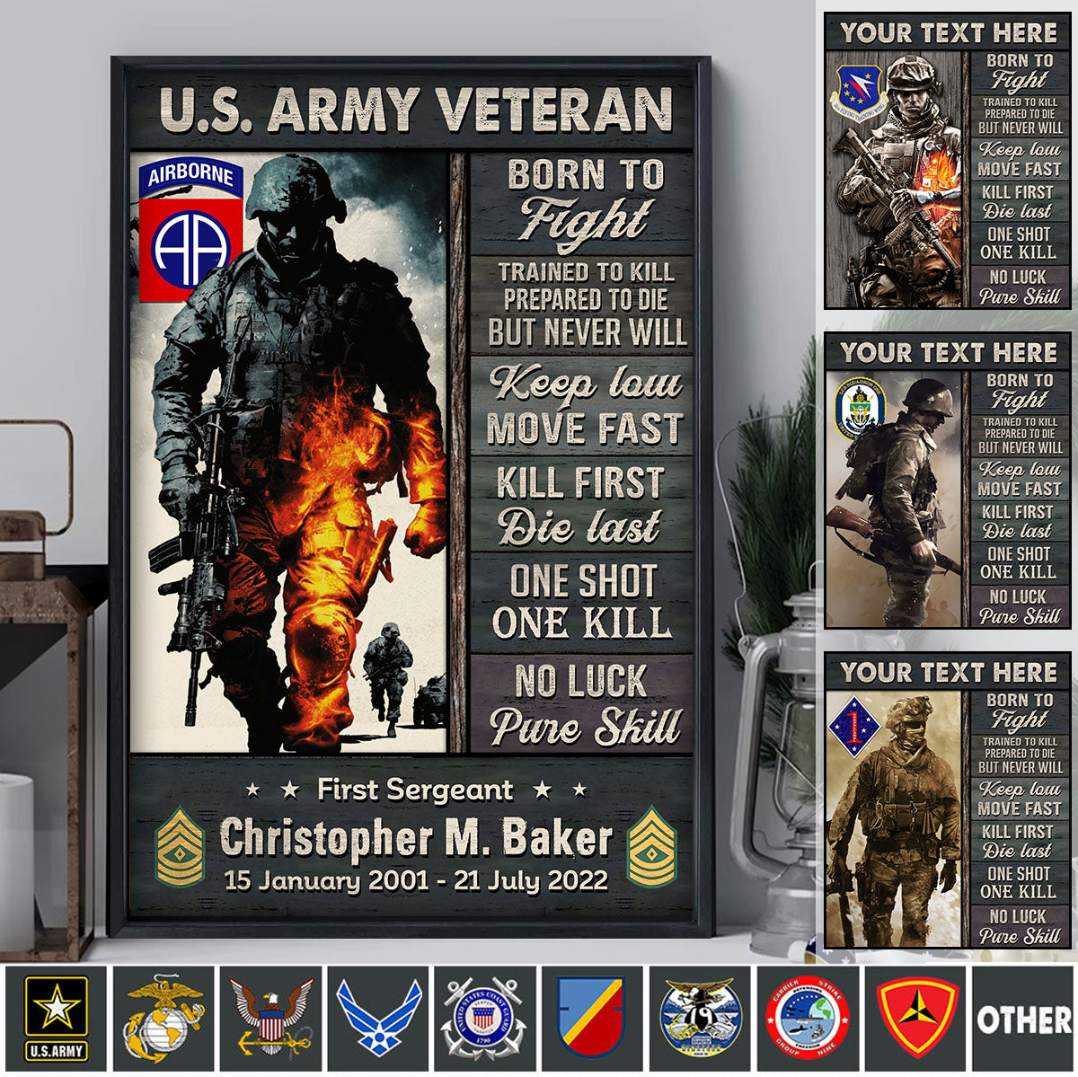 Personalized Poster Canvas Veteran Born to Fight Trained to Kill Gift For Veteran Grandpa Dad K1702