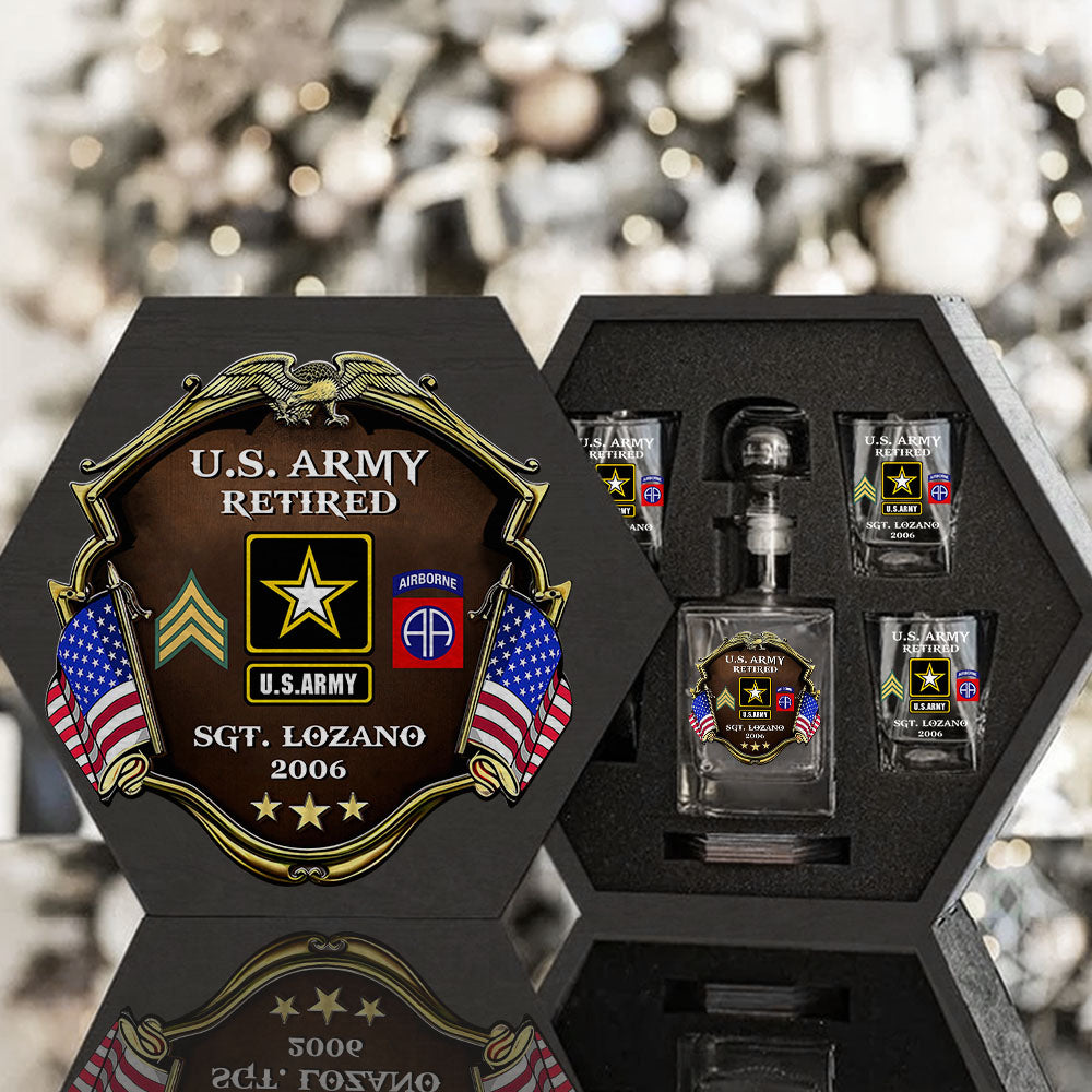 Custom Division Rank Year Of Service Whiskey Hexagon Decanter Set For Veteran Dad Grandpa Military Retirement Gift H2511