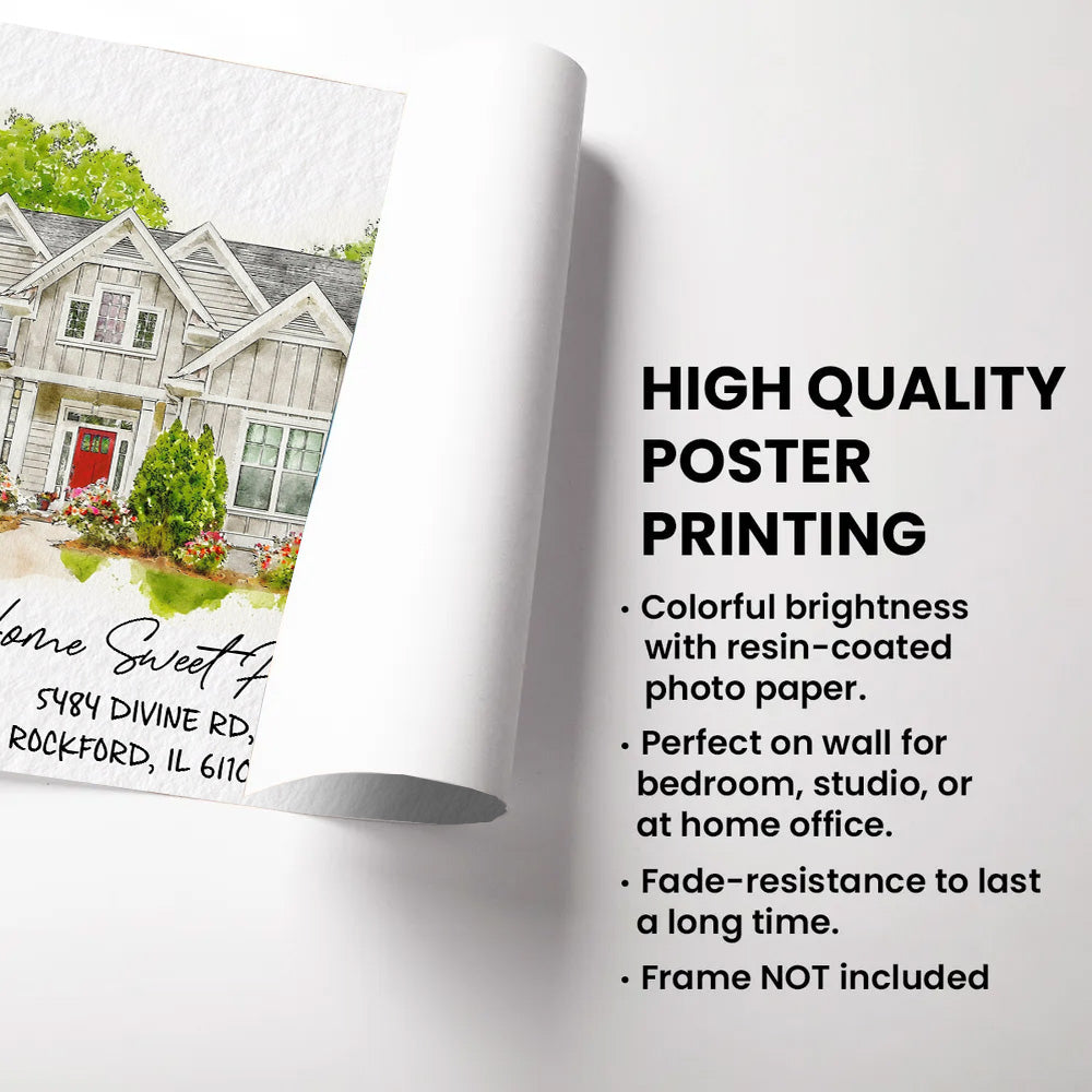 Watercolor House Portrait | Personalized House Artwork. Custom Thoughtful Housewarming Gift, Unique Poster Wall Art, Air Frames vr3