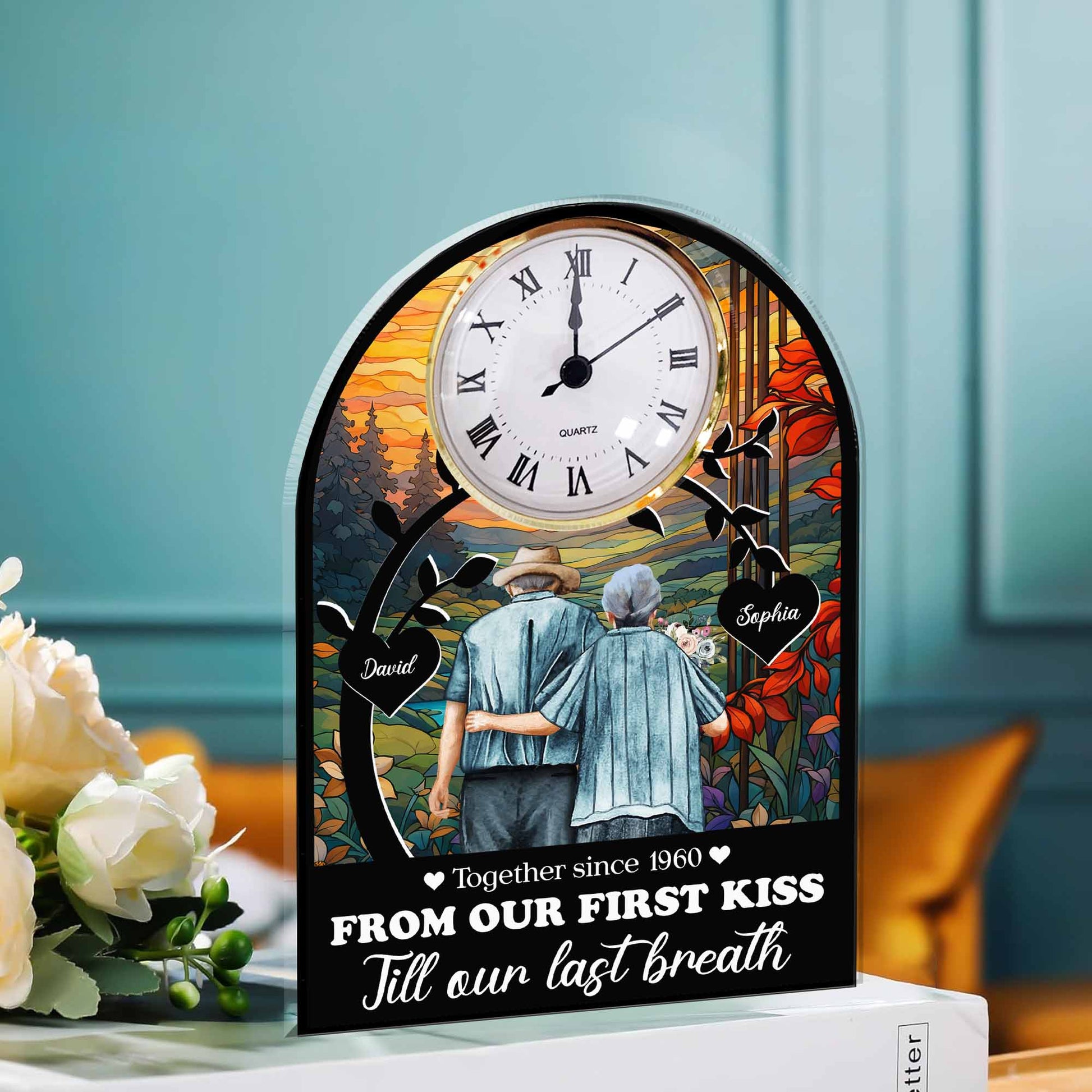 From Our First Kiss Old Couple - Personalized Acrylic Desk Clock - Anniversary Gift For Couple Valentine Day T1807