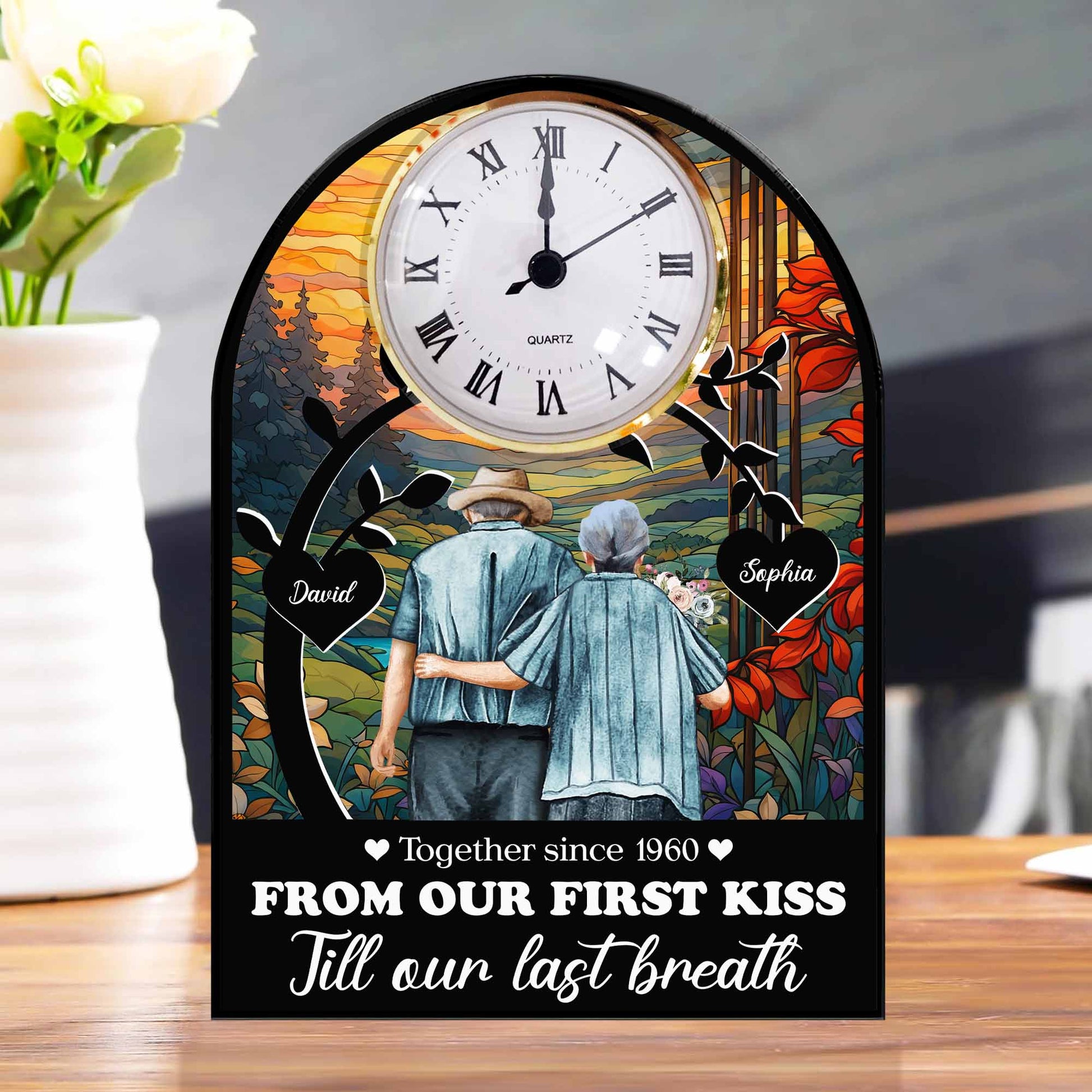From Our First Kiss Old Couple - Personalized Acrylic Desk Clock - Anniversary Gift For Couple Valentine Day T1807