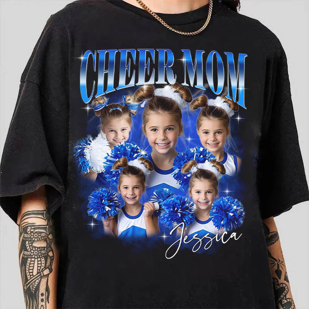 Custom Cheer Mom Bootleg Shirt 90s Vintage Bootleg Custom Face Personalized T Shirt - Personalized Photo Cheer Mama GameDay Cheer Leading Your Own Pictures