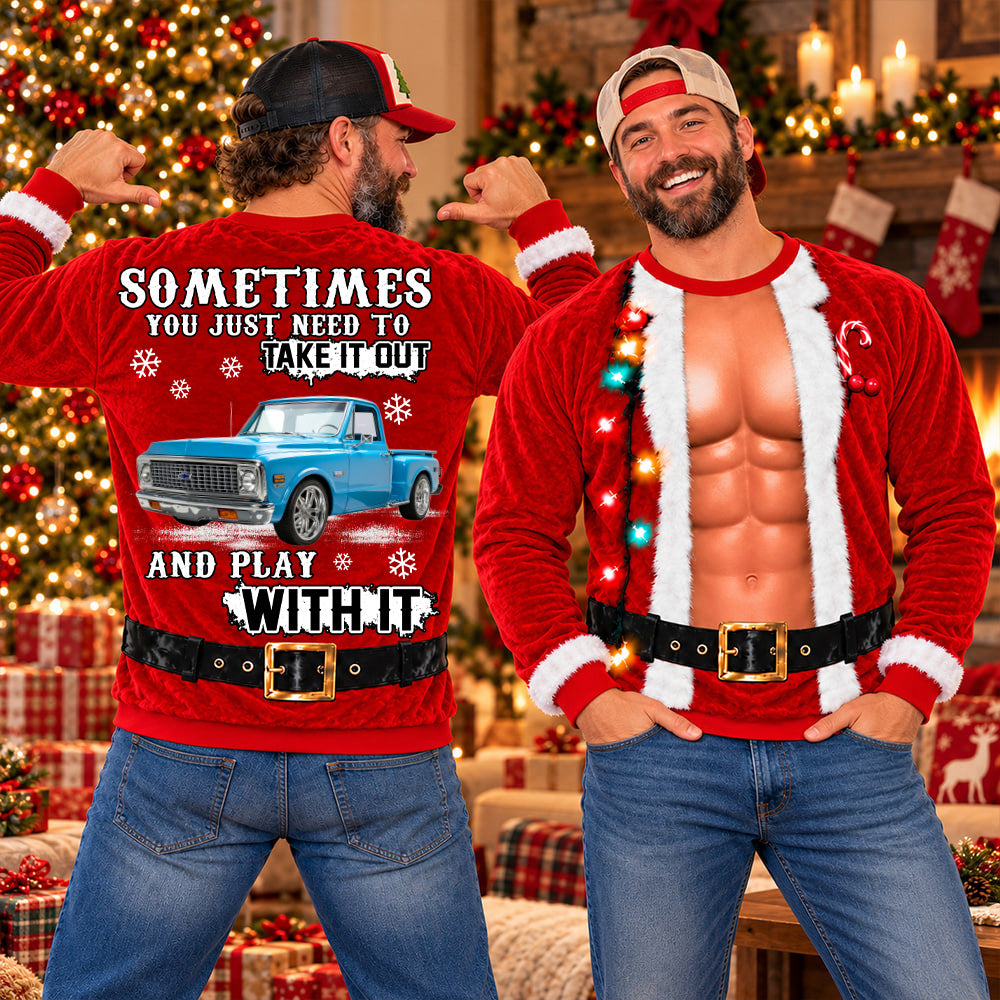 Take It Out & Play - Custom Pickup Truck Photo Christmas All Over Print Shirts – Funny Muscle Santa 3D Shirts A2110 T24 NT01