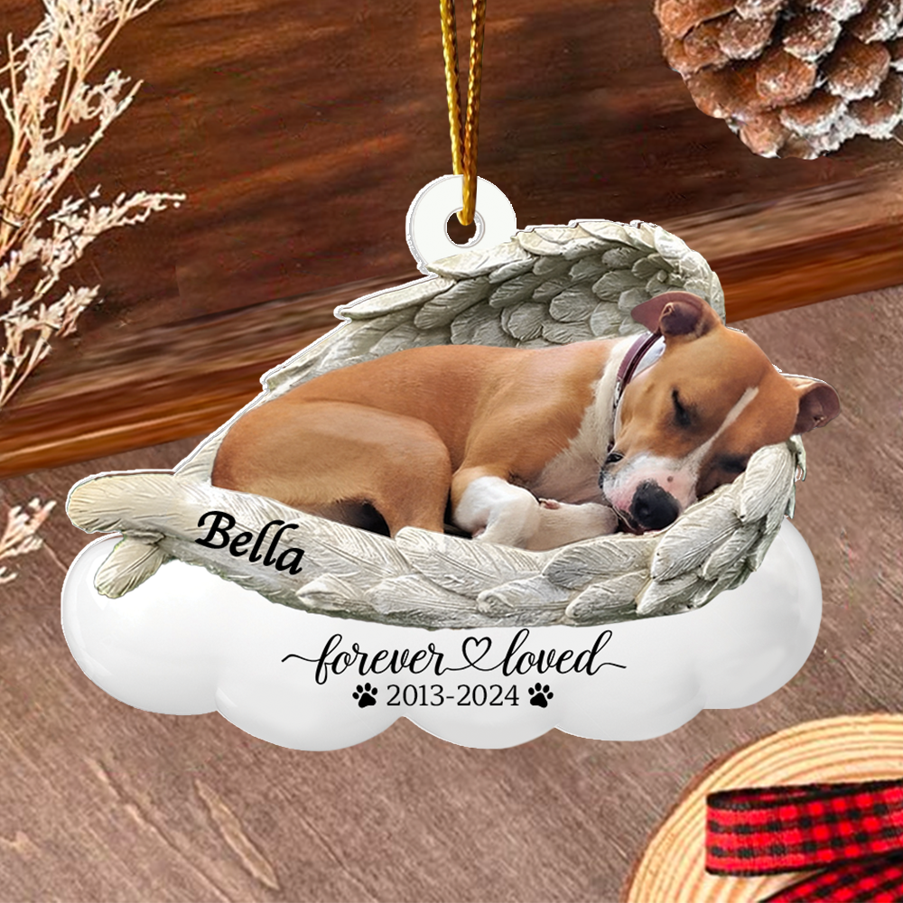 Custom Photo Dog Ornament Sleeping Pet Within Angel Wings - Personalized Acrylic Ornament