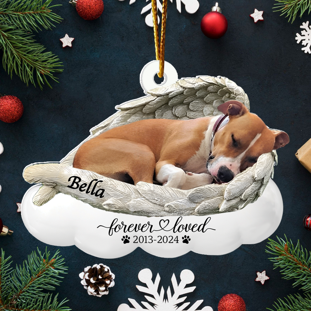 Custom Photo Dog Ornament Sleeping Pet Within Angel Wings - Personalized Acrylic Ornament