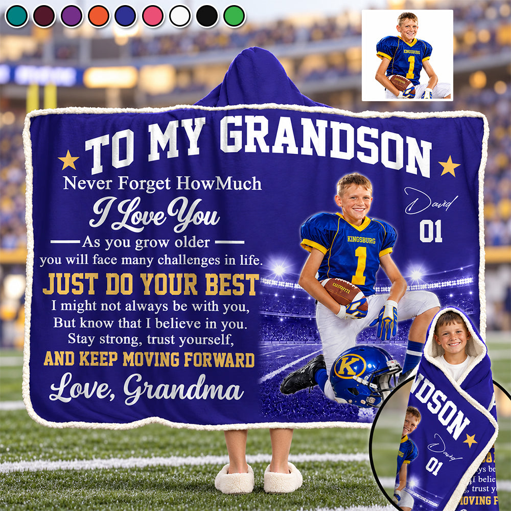 To My Grandson – Personalized Football Photo Hooded Blanket, Gift from Grandma Na02 NV01 DN10