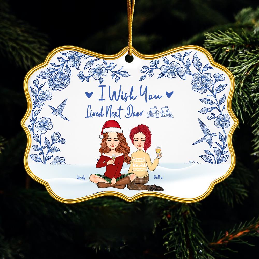 Personalized Toile De Jouy Style Acrylic Medallion Ornament - I Wish You Lived Next Door Gift For Family Besties, Best Friends