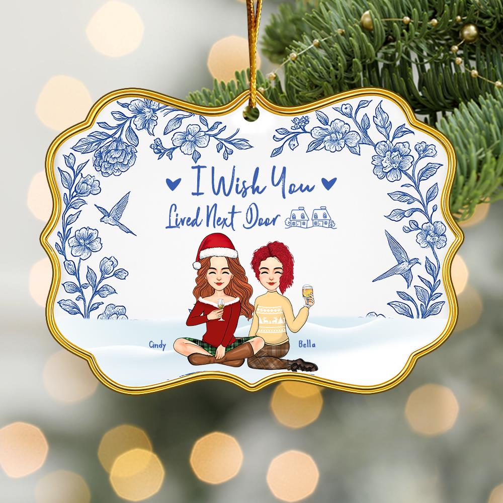 Personalized Toile De Jouy Style Acrylic Medallion Ornament - I Wish You Lived Next Door Gift For Family Besties, Best Friends