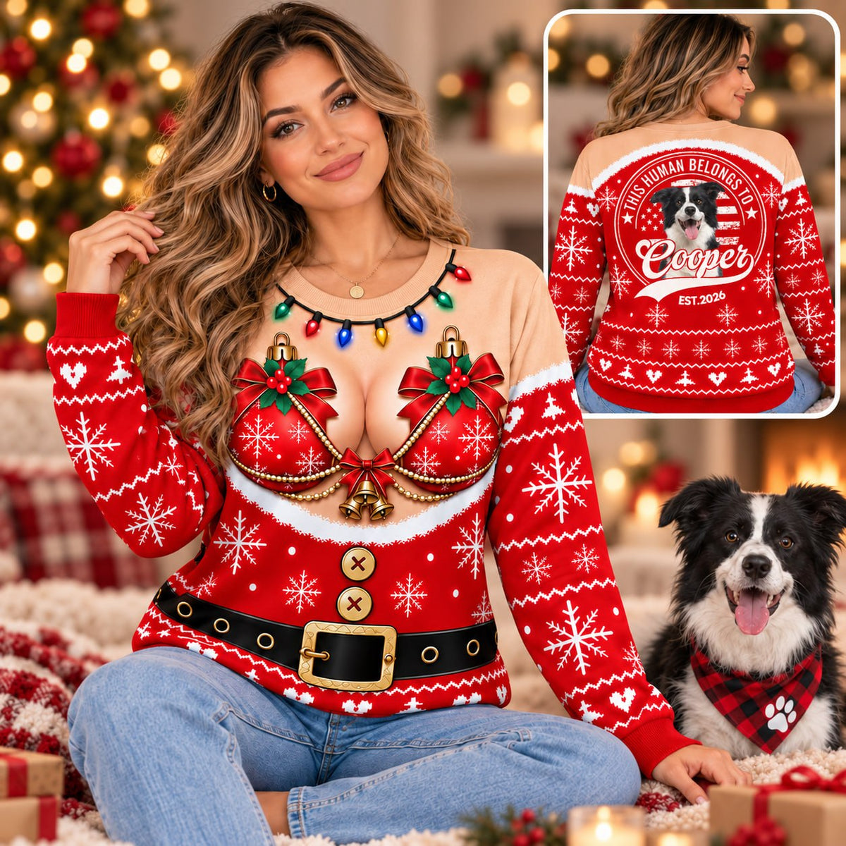 Personalized This Human Belongs To Christmas All Over Print Shirts, Custom Photo Dog Gift For Dog Lovers T1807 VH01 KL07