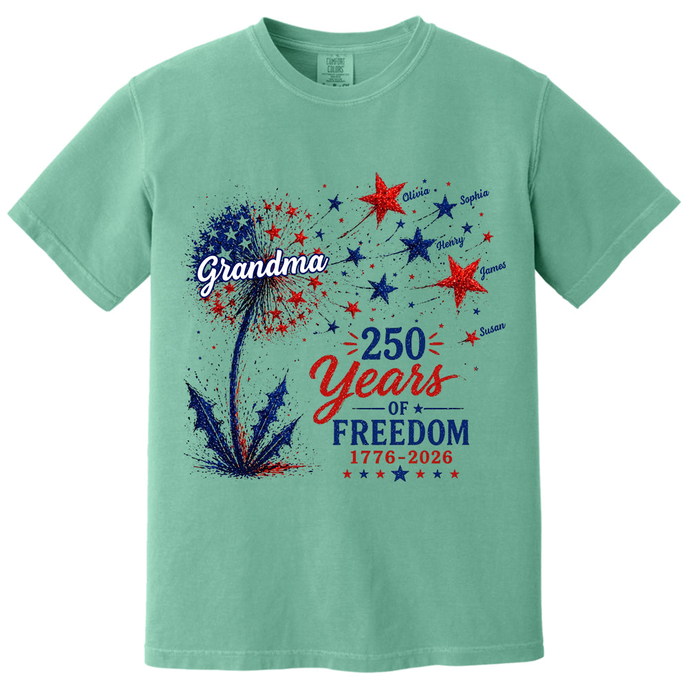 Custom Grandma Patriotic Dandelion 250th Anniversary Tee - Personalized Wild Flowers USA Flag 250 Years Of Freedom Shirt Gift for Grandma VH01