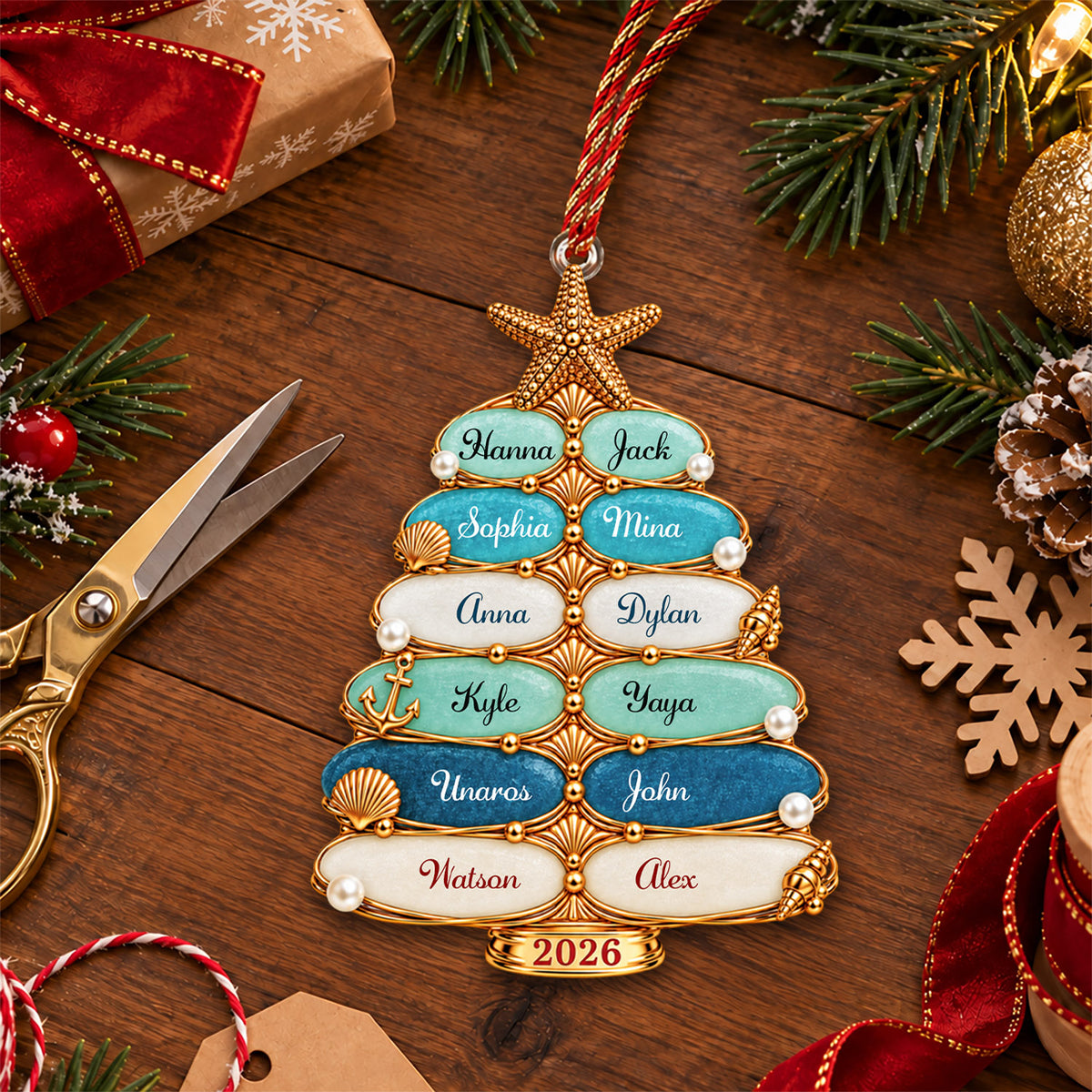 Custom Sea Glass Tree 2026 Acrylic Ornament, Personalized Coastal Family Christmas Gift Nh00