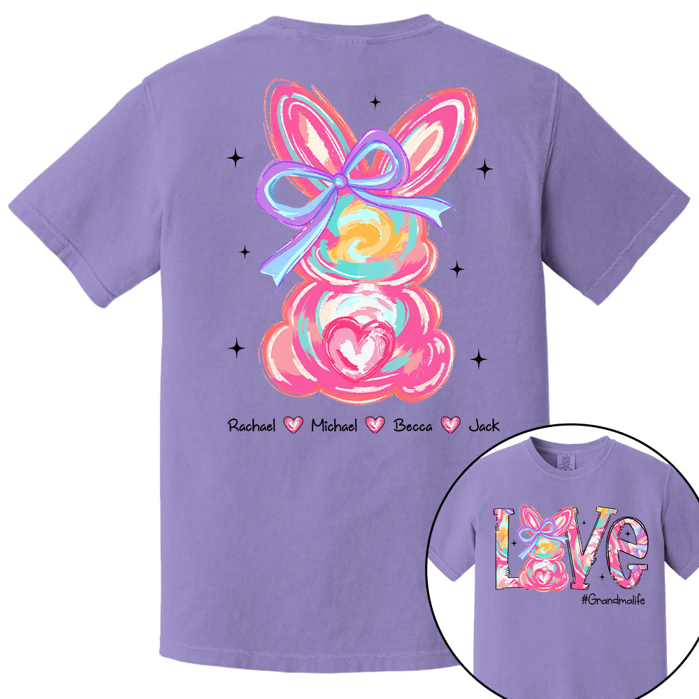 Custom Easter Brushstroke Pink Bunny Bow T-Shirt, Personalized Gift For Grandma & Kids Tu20