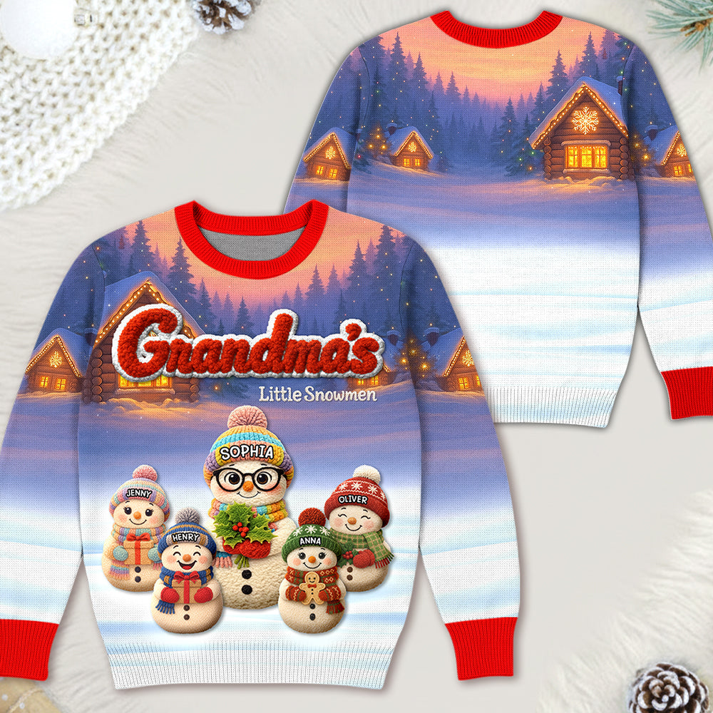 Grandma's Little Snowmen Crochet Faux Yarn Texture Personalized All-Over-Print Sweatshirt For Grandma Hv01