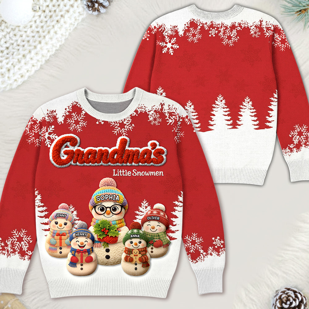 Grandma's Little Snowmen Crochet Faux Yarn Texture Personalized All-Over-Print Sweatshirt For Grandma Hv01