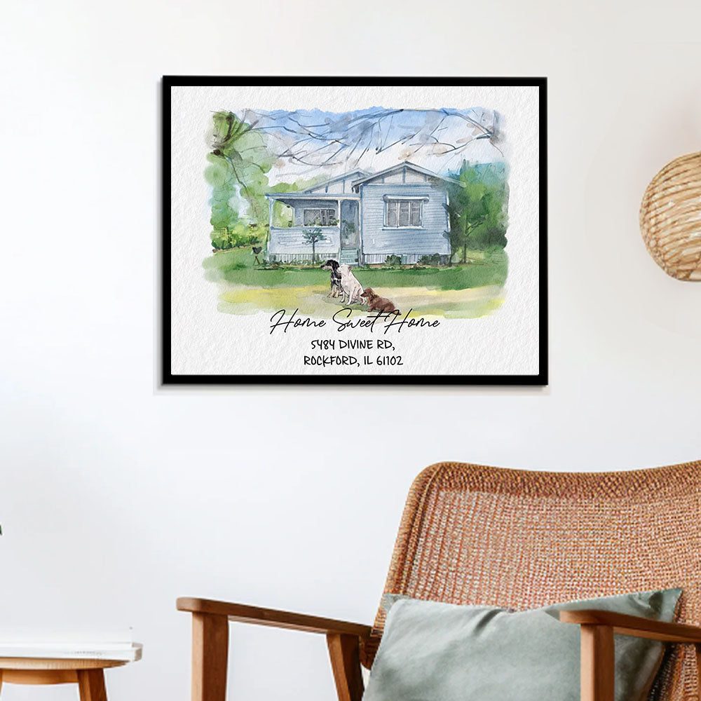 Watercolor House Portrait | Personalized House Artwork. Custom Thoughtful Housewarming Gift, Unique Poster Wall Art, Air Frames