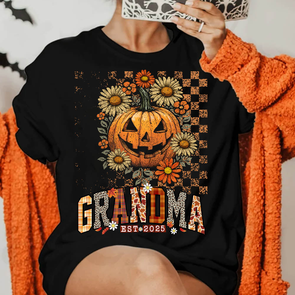 Personalized Mimi Retro Floral Pumpkin Shirts, Custom Halloween Gift for Grandma With Grandkids' Names Nh00