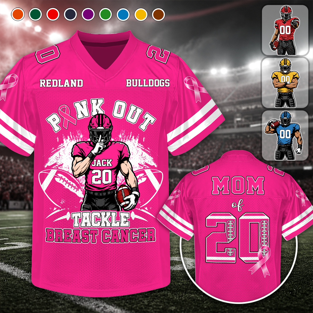 Pink Out Tackle Breast Cancer, Personalized Breast Cancer Awareness Game Day Football Jersey, Gift For Football Mom Family MI209 Hv01