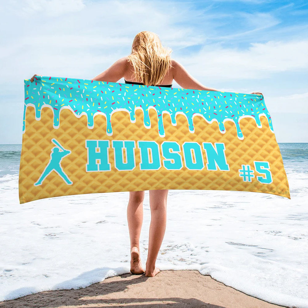 Personalized Ice Cream Drip Baseball Beach Towel For Boys, Drip Beach Towel, Pool Towel, Team Gift, Youth Baseball Gift Hv01