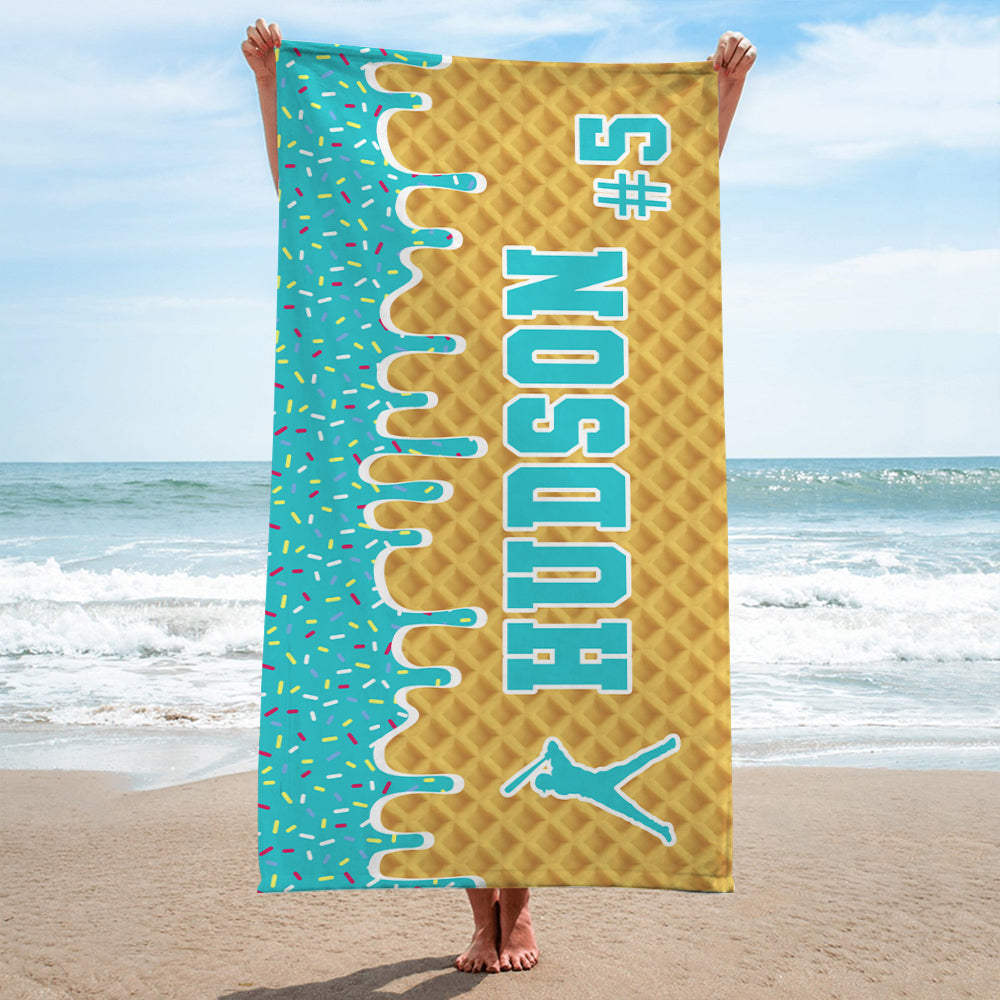 Personalized Ice Cream Drip Baseball Beach Towel For Boys, Drip Beach Towel, Pool Towel, Team Gift, Youth Baseball Gift Hv01