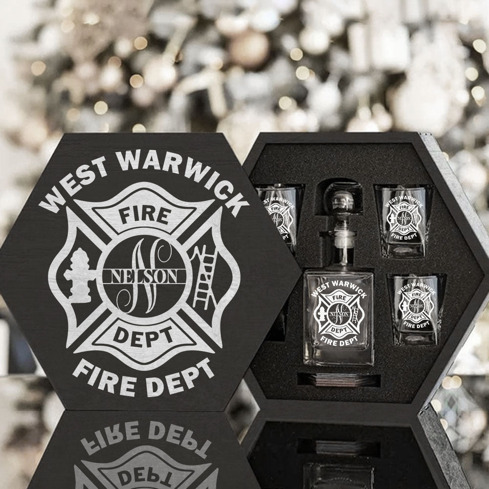 Personalized Firefighter Hexagon Decanter Set Full Custom Fire Department with Monogram for Firefighter Gift H2511