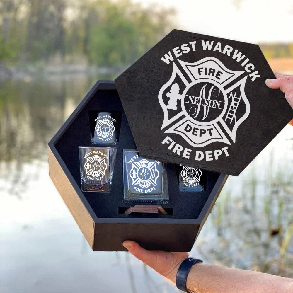 Personalized Firefighter Hexagon Decanter Set Full Custom Fire Department with Monogram for Firefighter Gift H2511