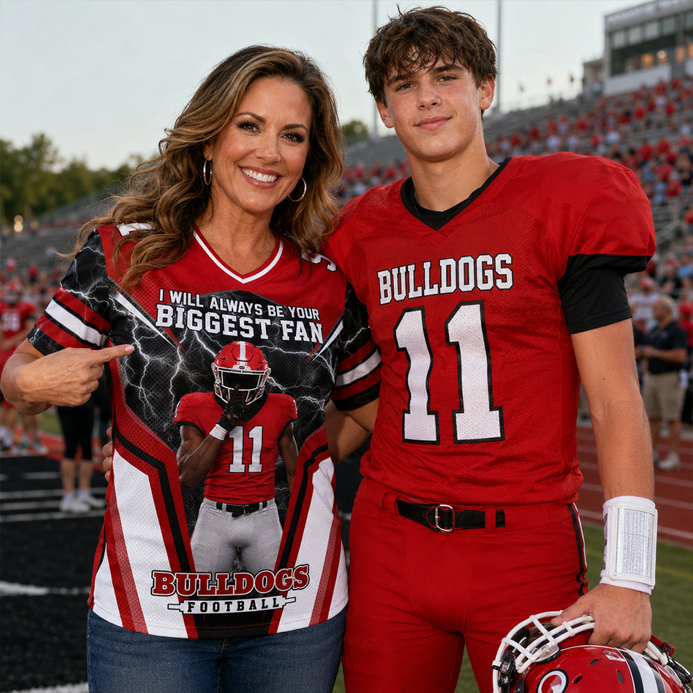 Personalized American Football Mom Football Jersey, I’ll Always Be Your Biggest Fan, Custom Player Name & Number All Over Print Game Day Shirt for Mom Grandma Family T24