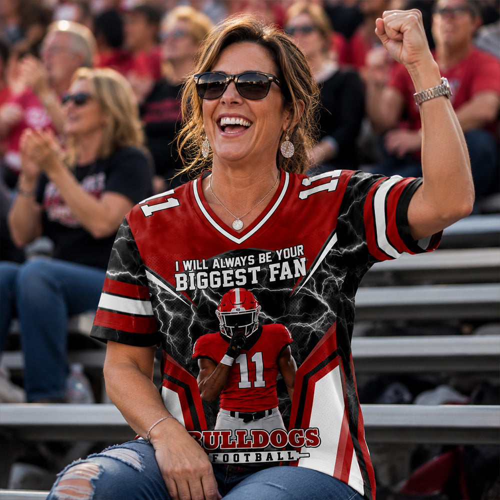 Personalized American Football Mom Football Jersey, I’ll Always Be Your Biggest Fan, Custom Player Name & Number All Over Print Game Day Shirt for Mom Grandma Family T24
