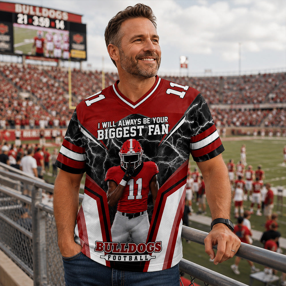 Personalized American Football Mom Football Jersey, I’ll Always Be Your Biggest Fan, Custom Player Name & Number All Over Print Game Day Shirt for Mom Grandma Family T24