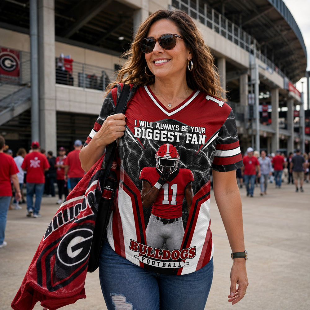 Personalized American Football Mom Football Jersey, I’ll Always Be Your Biggest Fan, Custom Player Name & Number All Over Print Game Day Shirt for Mom Grandma Family T24