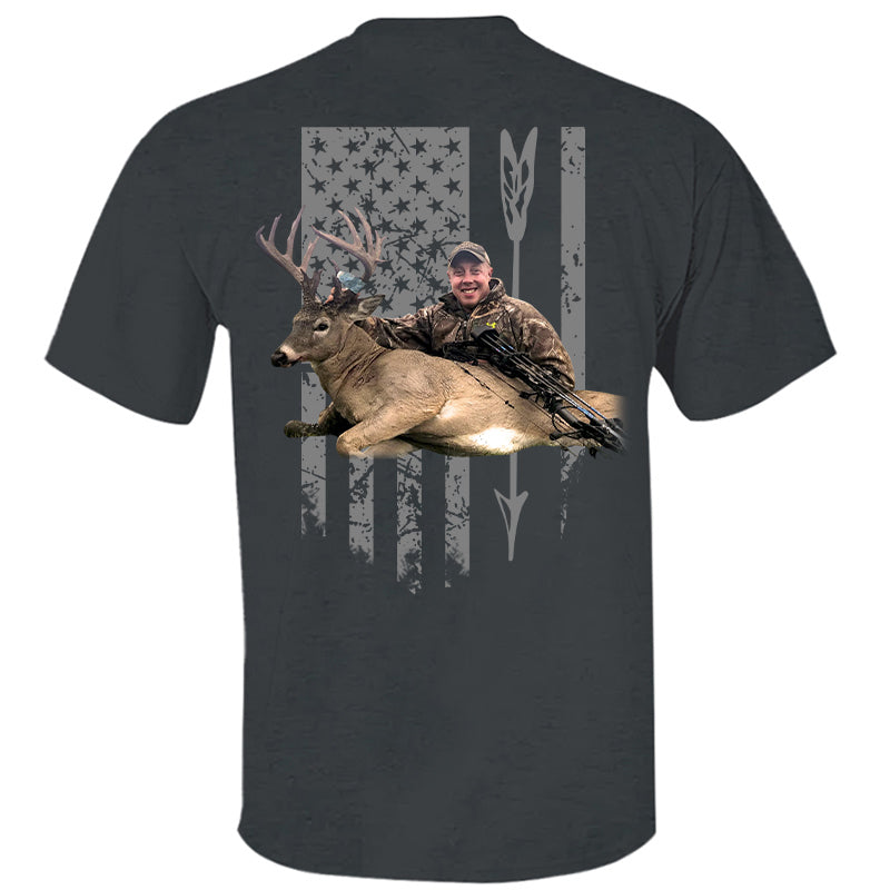 Custom Upload Photo Hunting Shirt with American Flag, Bow Hunting T-shirt, American Hunter Shirt, Hunting Gear for Men and Women, Father's Day Hunting Gift Pt99