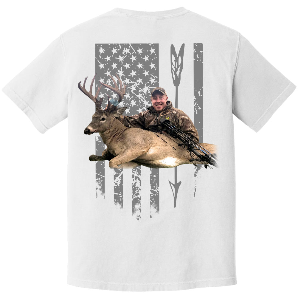 Custom Upload Photo Hunting Shirt with American Flag, Bow Hunting T-shirt, American Hunter Shirt, Hunting Gear for Men and Women, Father's Day Hunting Gift Pt99