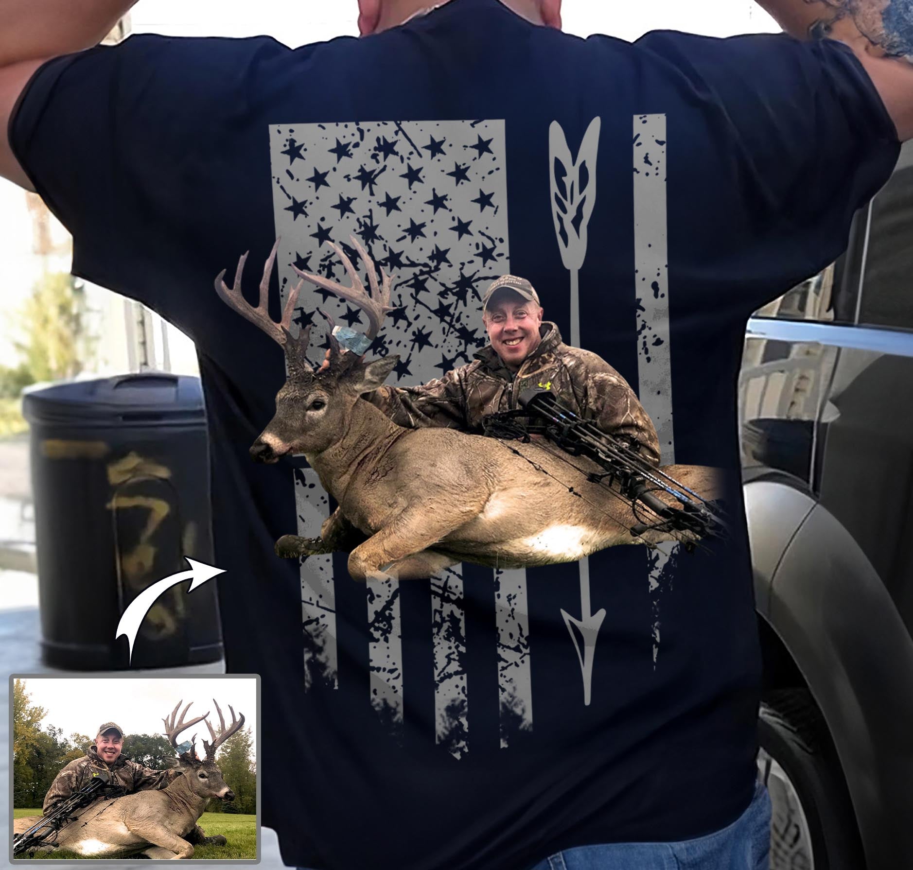 Custom Upload Photo Hunting Shirt with American Flag, Bow Hunting T-shirt, American Hunter Shirt, Hunting Gear for Men and Women, Father's Day Hunting Gift Pt99