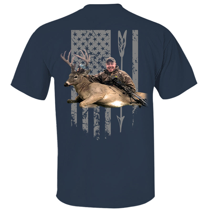 Custom Upload Photo Hunting Shirt with American Flag, Bow Hunting T-shirt, American Hunter Shirt, Hunting Gear for Men and Women, Father's Day Hunting Gift Pt99