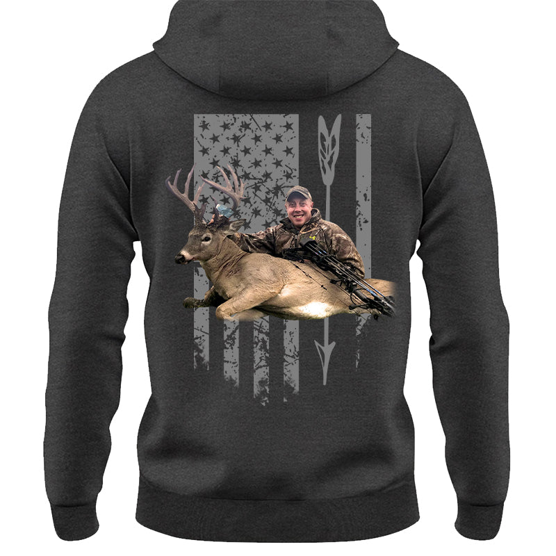 Custom Upload Photo Hunting Shirt with American Flag, Bow Hunting T-shirt, American Hunter Shirt, Hunting Gear for Men and Women, Father's Day Hunting Gift Pt99