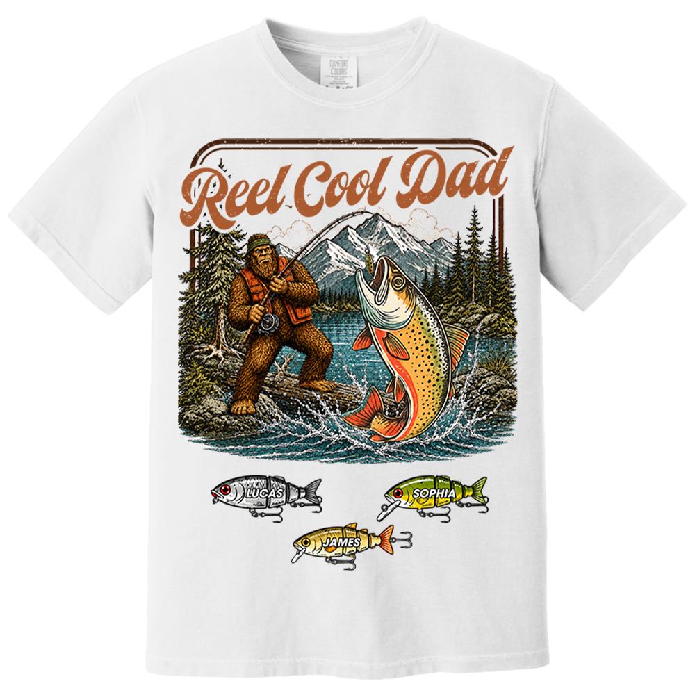 Reel Cool Dad Bigfoot Fishing Shirt, Personalized Dad Shirt With Custom Kids, Bigfoot Fisherman Father's Day Gift, Gift for Dad Na02 Nh00