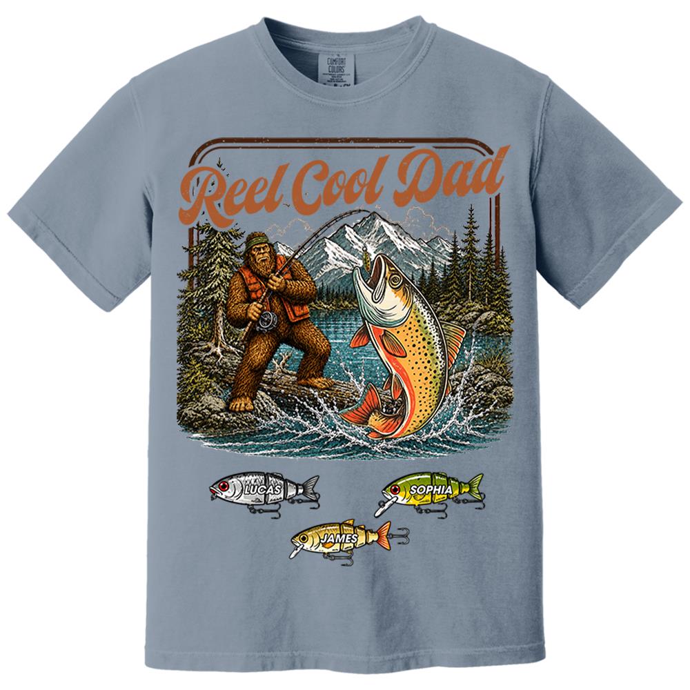 Reel Cool Dad Bigfoot Fishing Shirt, Personalized Dad Shirt With Custom Kids, Bigfoot Fisherman Father's Day Gift, Gift for Dad Na02 Nh00