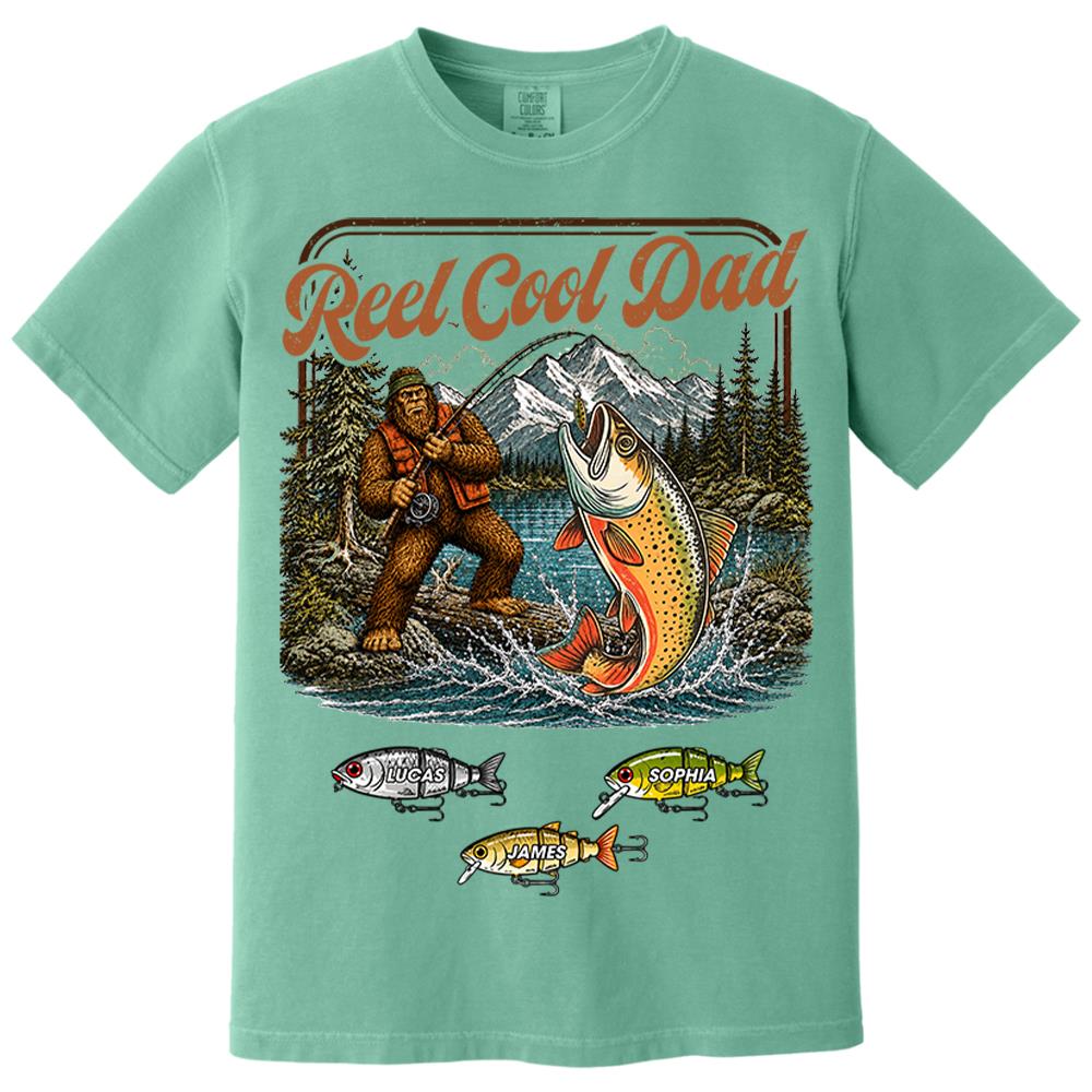 Reel Cool Dad Bigfoot Fishing Shirt, Personalized Dad Shirt With Custom Kids, Bigfoot Fisherman Father's Day Gift, Gift for Dad Na02 Nh00
