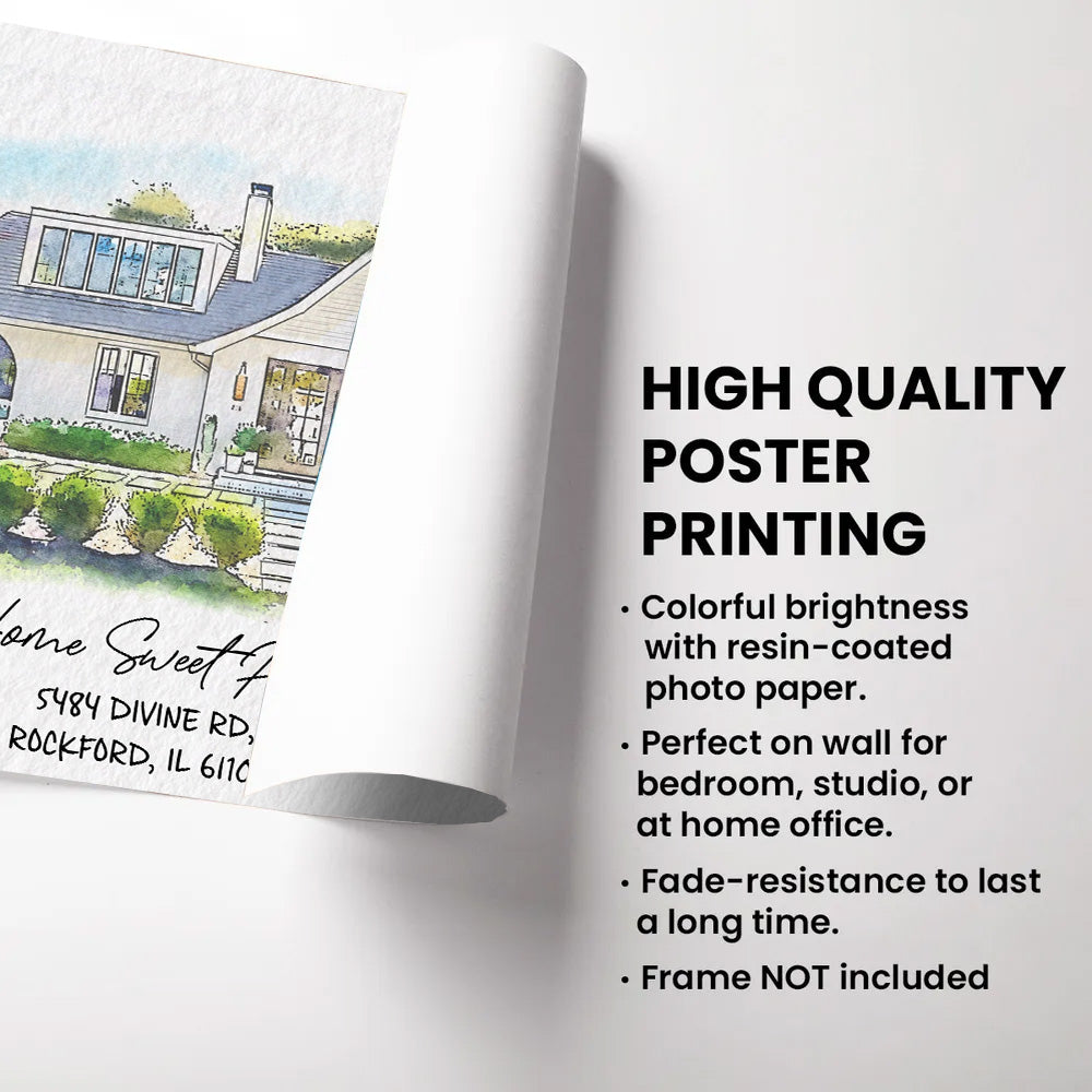 Watercolor House Portrait | Personalized House Artwork. Custom Thoughtful Housewarming Gift, Unique Poster Wall Art, Air Frames vr4